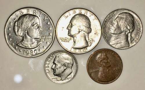 U S A SET,,,,,1 DOLLAR , 1 QUARTER, 5 CENT , 1 DIME, 1 CENT .1980[1 BID TAKE ALL]