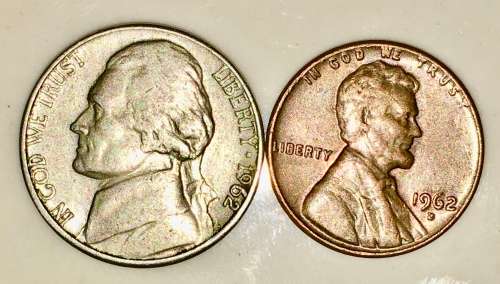 U.S.A SET,,,,,5 CENT (JEFFERSON NICKEL) & 1 CENT (LINCON PENNY) 1962 BOTH DENVER MINT