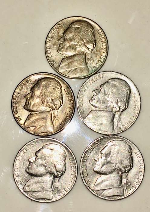 U.S.A 5 CENT (JEFFERSON NICKEL) 1980(BID PER COIN)