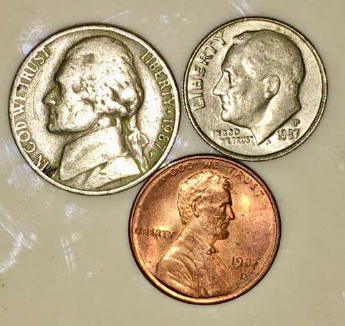 U.S.A SET,,,,,1 DIME (ROOSEVELT) ,5 CENT (JEFFERSON NICKEL) & 1 CENT (LINCOLN ) 1987