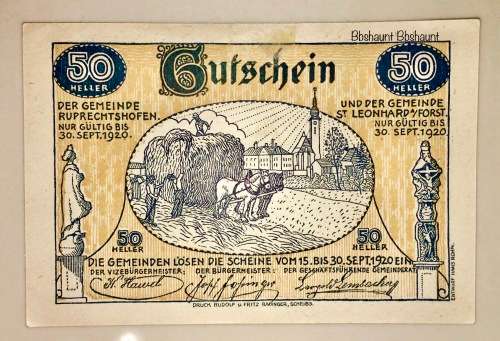 AUSTRIA ,,,50 HELLER ST. LEONHARD 1920 CRISP UNC  NOTGELD(EMERGENCY MONEY)