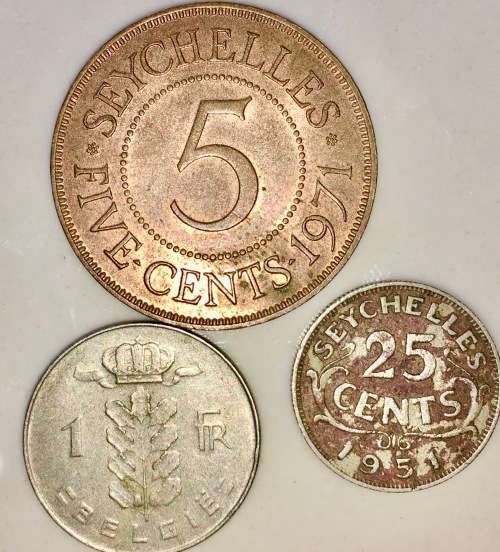 SEYCHELLE,,, 25 CENT 1951, 5 CENT 1971 &  BELGIUM 1 FRANC 1970 ,