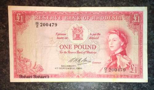 RHODESIA 1 POUND C.RHODES WATERMARK 1964 SEP 4TH SALISBURY G2