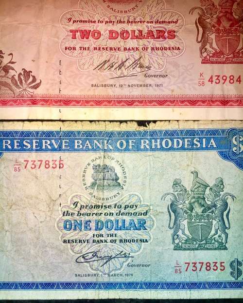 RHODESIA SET $5,,,,1978 , $2,,,1971 & $1 DOLLAR 1976 SALISBURY C.RHODES WATERMARK