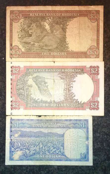 RHODESIA SET $5,,,,1978 , $2,,,1971 & $1 DOLLAR 1976 SALISBURY C.RHODES WATERMARK