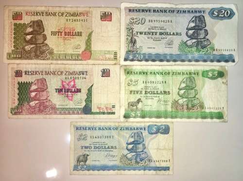 ZIMBABWE SET 50 DOLLARS , 20 DOLLARS 1994, 10 DOLLARS, 5 DOLLAR 1983 $2,,1983(1 BID TAKES ALL)