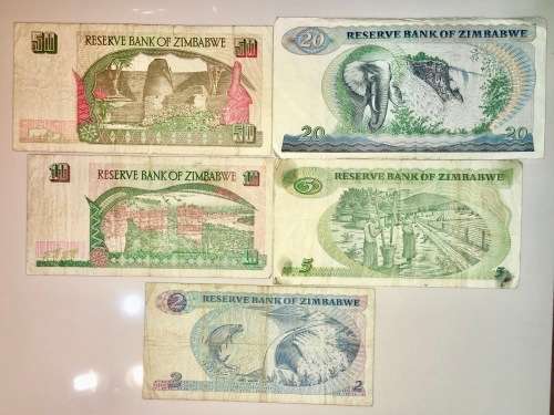 ZIMBABWE SET 50 DOLLARS , 20 DOLLARS 1994, 10 DOLLARS, 5 DOLLAR 1983 $2,,1983(1 BID TAKES ALL)