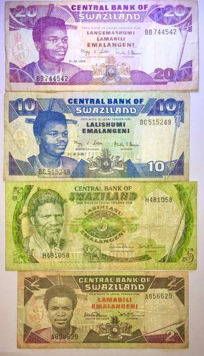 SWAZILAND SET 20 EM. 10 EM.  5 EMALANGENI, & 2 EMALANGENI ,,,1970s-2008(1 BID TAKES ALL)