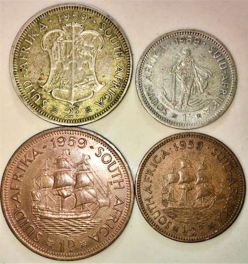 S A UNION SET SILVER 2 SHILLINGS, 1 SHILLING, 1PENNY & 1/2 PENNY 1959 (1 BID TAKES ALL)