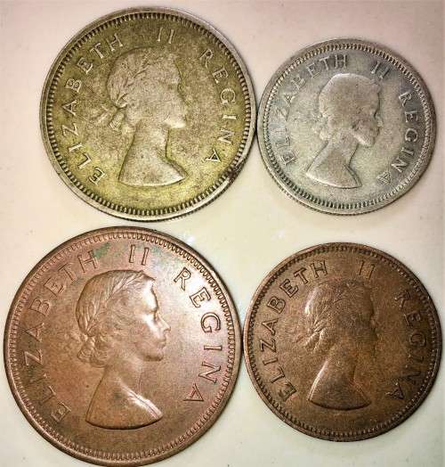 S A UNION SET SILVER 2 SHILLINGS, 1 SHILLING, 1PENNY & 1/2 PENNY 1959 (1 BID TAKES ALL)