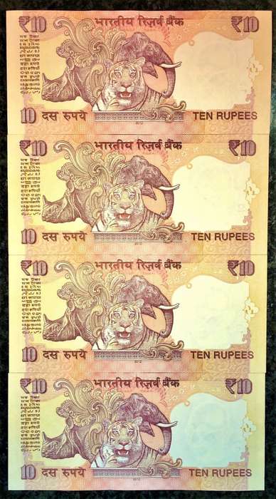 INDIA 10 RUPEE IN SEQUENCE 88E/325933-936 MAHATMA GANDHI 2012 UNC( 1 BID TAKES ALL)