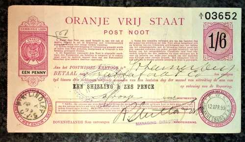Z.A.R ORANJE VRIJ STAAT POST NOOT WTM 1 SHILLING & 6 PENCE STAMP LINDLEY 1898 & JHB 1899--PRETORIA