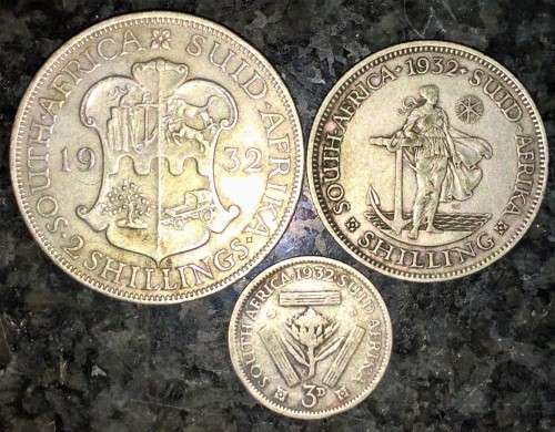 S A UNION SILVER SET 2 SHILLINGS , 1 SHILLING  & 3D THREEPENCE 1932  SILVER 80% (1 BID TAKES ALL)