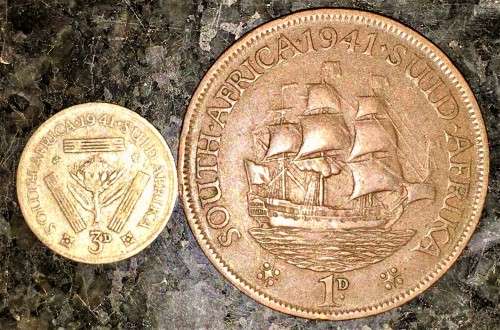 S A UNION SILVER 3D THREEPENCE TICKEY & 1 PENNY --1941 --80%SILVER
