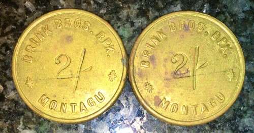BRINK BROTHERS SET CLOSE IN SEQUENCE 2 SHILLING MONTAGU 4149 & 4152 BRASS TOKENS(1 BID TAKES ALL)