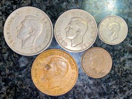 GREAT BRITAIN SET 2 1/2 SHILLING,2 SHILLING, 6 PENCE,  1 PENNY & 1/4 FARTHING 1947 (1 BID TAKES ALL)