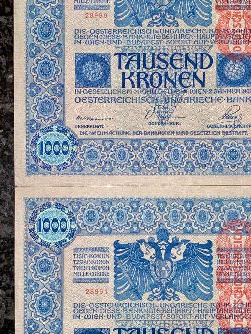 AUSTRIA 1000 KRONEN IN SEQUENCE 28990-991--STAMPED DEUTSCHES REICH--1902 BIG NOTES(1 BID TAKES ALL)