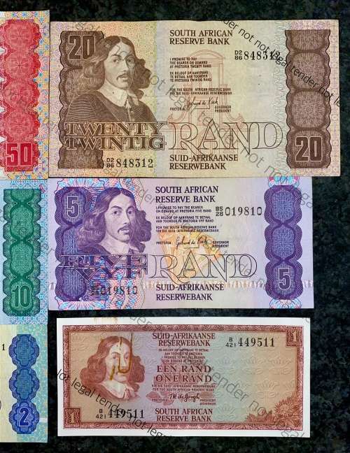 COMPLETE SET OF GPC DE KOCK & DECIMALS R50 TO R2 - 1980s UNC-EF+(R1 TW DE JONGH )(1 BID TAKES ALL)
