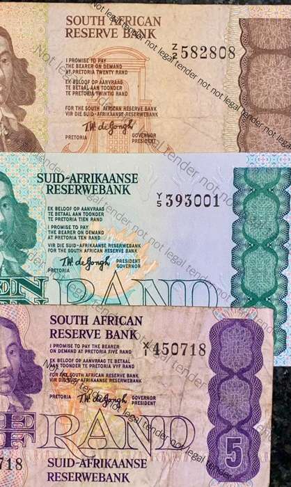 REPLACEMENT NOTE SET TW DE JONGH R20 -Z2 ,R10 -Y5 IS UNC &  R5 -X1 --4TH ISSUE 1978(1 BID TAKES ALL)