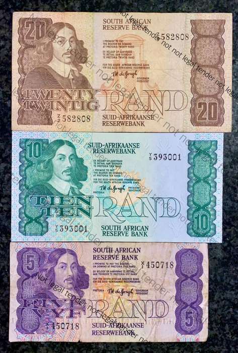 REPLACEMENT NOTE SET TW DE JONGH R20 -Z2 ,R10 -Y5 IS UNC &  R5 -X1 --4TH ISSUE 1978(1 BID TAKES ALL)