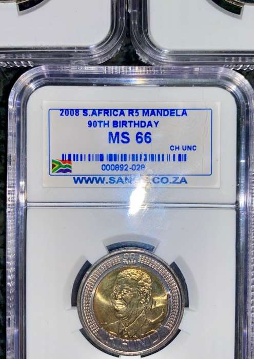 SOUTH AFRICA GRADED IN SEQ COMMEMORATIVE R5 MANDELAS 90TH BIRTHDAY GRADED MS66 CHOICE UNC SANGS