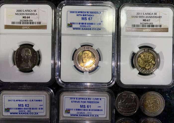 COMPLETE SET COMMEMORATIVE R5 COINS 1994 TO 2021--5 GRADED COIN MS67-MS66 GOOD COND CIRCULATED COINS