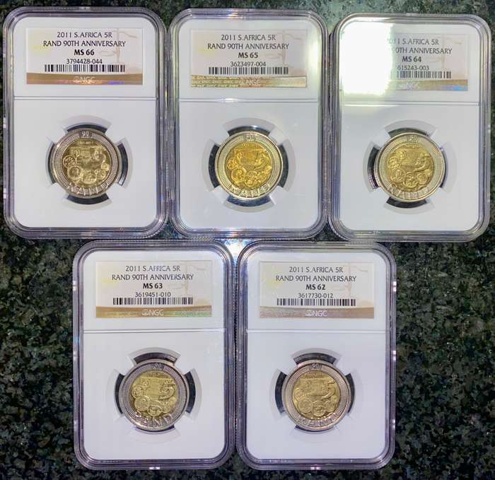 SOUTH AFRICA COMMEMORATE R5 SET GRADED MS66,MS65,MS64,MS63 & MS62 NGC GRADED