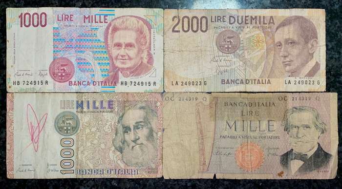 ITALY SET TWO DIFFERENT 2000 LIRE 1990 & TWO DIFFERENT 1000 LIRE 1969(1 BID TAKES ALL)