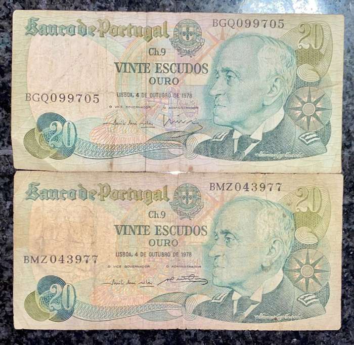 PORTUGAL 20 ESCUDOS TWO DIFFERENT SIGNATURE 1978(1 BID TAKES ALL)