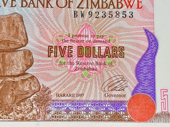 ZIMBABWE 5 DOLLAR PACK IN SEQUENCE BW9235853-890 UNC 1997 LONG NECK BIRD WTM(BID PER NOTE)38 AVAIL