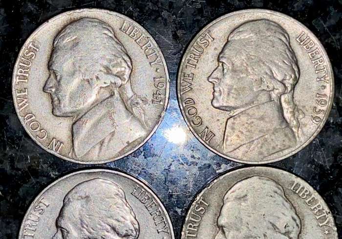 U S A - WW2 SET 5 CENT - 1939, 1940, 1941 & SILVER 1943 + STEEL WHEAT PENNY 1943 (1 BID TAKES ALL)