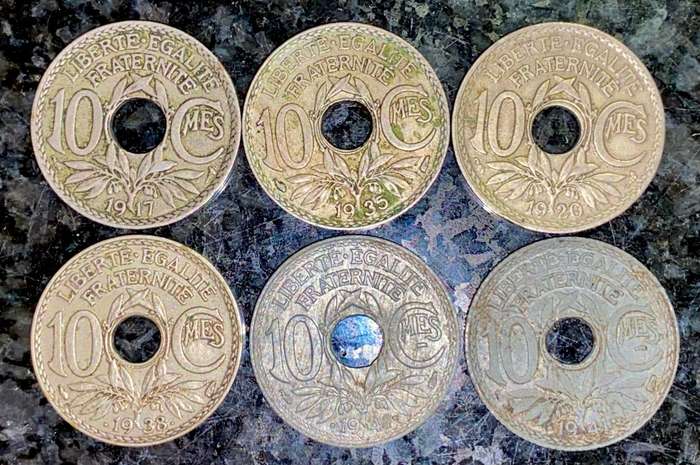 FRANCE SET 10 CENTIMINES 1917, 1920, 1935, 1938 & 2 X 1941 WW2(1 BID TAKES ALL)