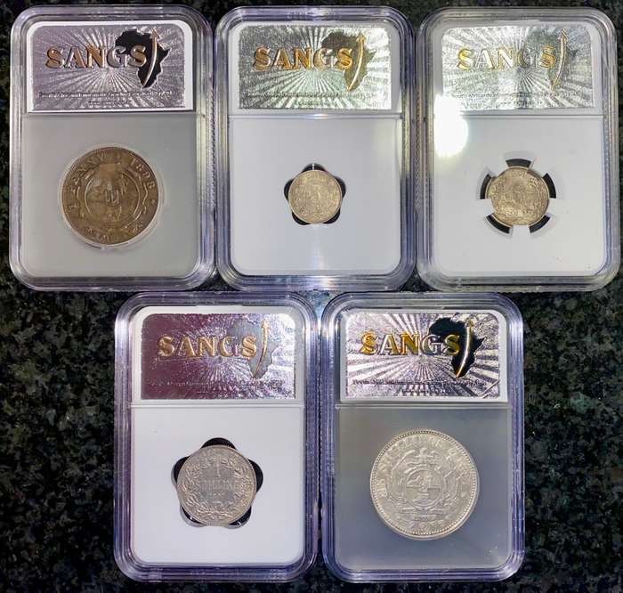 ZAR 1897 GRADED 2 1/2 SHILLING XF45, 1 SHILLING AU53, 6PENCE AU55, 3PENCE AU53 & 1898 1 PENNY AU58BN