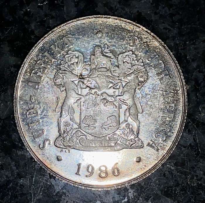 SOUTH AFRICA PROOF SILVER R1 -- 1986 --CENTENARY OF JOHANNESBURG GOLD RUSH-- NICE TONING