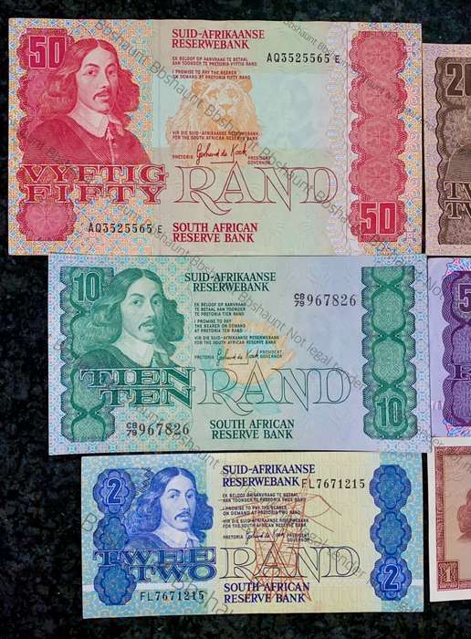 COMPLETE SET OF GPC DE KOCK & DECIMALS R50 TO R2 - 1980s (R1 TW DE JONGH 1975)- (1 BID TAKES ALL)