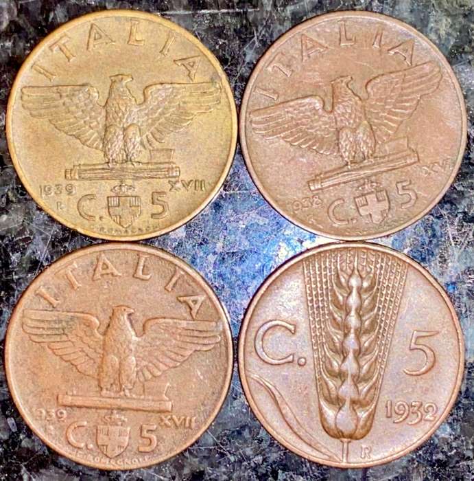 ITALY SET 10 CENTESIMI 1932, 1936 & 2X 1939WW2 (1 BID TAKES ALL)