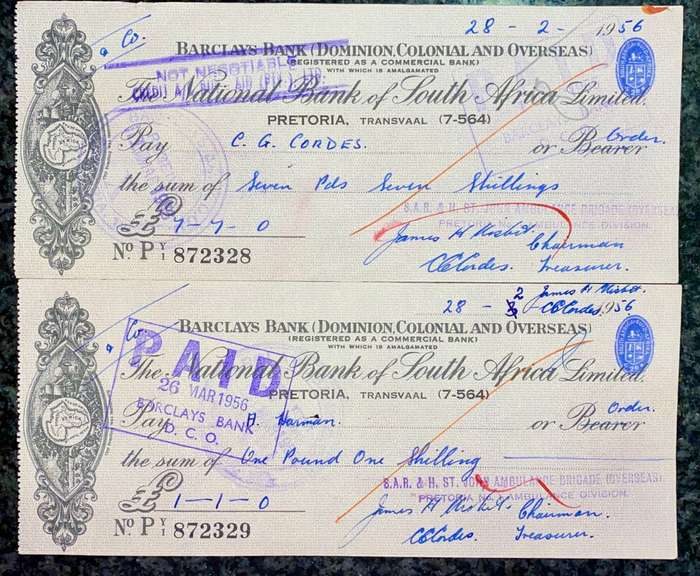 BARCLAYS BANK COLONIAL & OVERSEAS IN SEQ POUND & SHILLING 1956 STAMPED -- ST JOHNS AMBULANCE BRIGAD