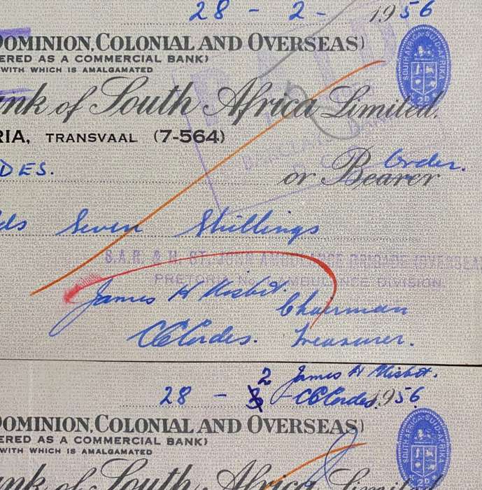 BARCLAYS BANK COLONIAL & OVERSEAS IN SEQ POUND & SHILLING 1956 STAMPED -- ST JOHNS AMBULANCE BRIGAD