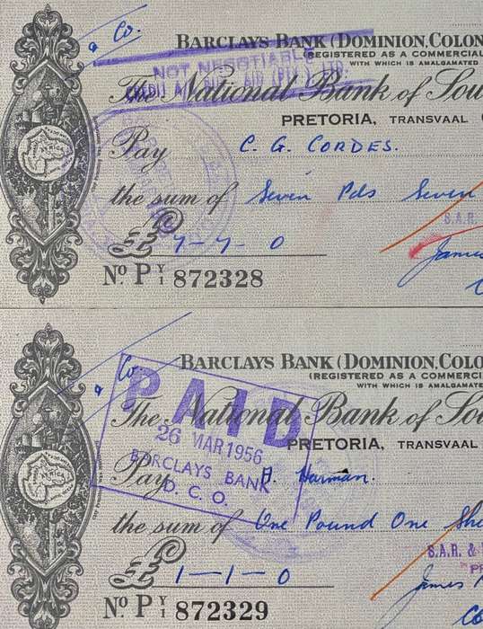 BARCLAYS BANK COLONIAL & OVERSEAS IN SEQ POUND & SHILLING 1956 STAMPED -- ST JOHNS AMBULANCE BRIGAD