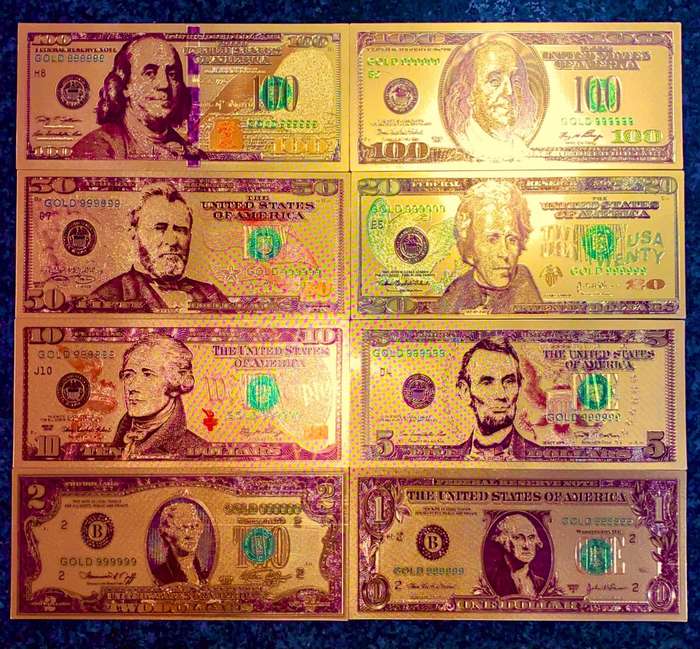 U S A GOLD FOIL - FULL SET 100 DOLLARS TO 1 DOLLAR - UNC GOLD 9999 CARD(1 BID TAKES ALL 8)