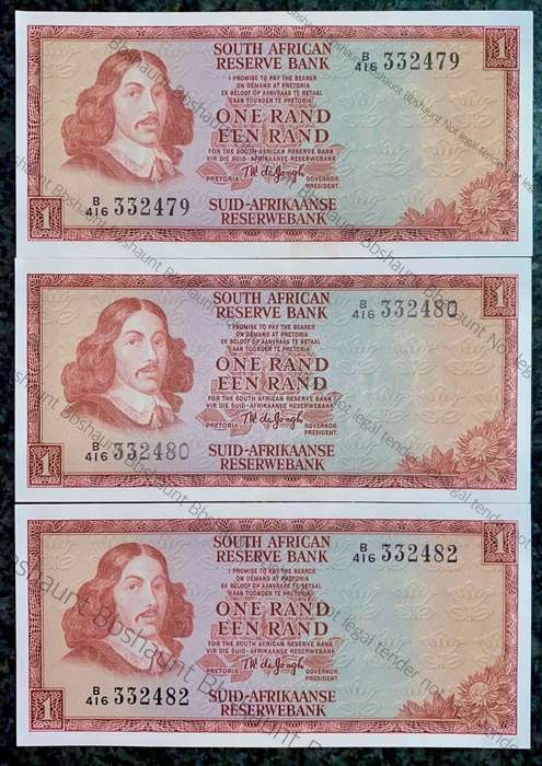 TW DE JONGH R1 IN SEQUENCE B416 /332480-479 & 482 UNC 3RD ISSUE 1975(1 BID TAKES ALL)