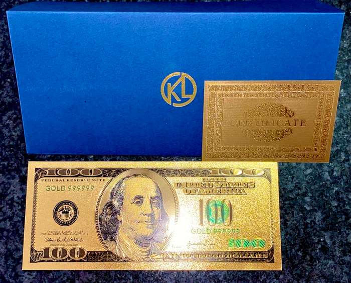 U S A -- 100 DOLLARS SERIES999 -- COLORIZED GOLD FOIL 999999 CARD - LOVELY ART - WITH CERT & FOLDER