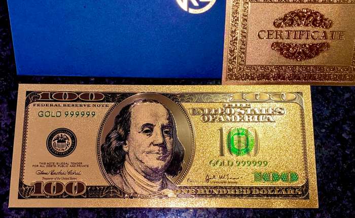 U S A -- 100 DOLLARS SERIES999 -- COLORIZED GOLD FOIL 999999 CARD - LOVELY ART - WITH CERT & FOLDER