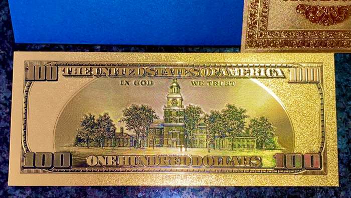 U S A -- 100 DOLLARS SERIES999 -- COLORIZED GOLD FOIL 999999 CARD - LOVELY ART - WITH CERT & FOLDER