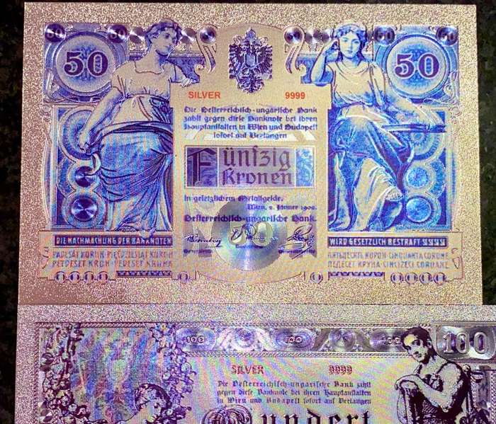 AUSTRIA - SET 100 KRONEN & 50 KRONEN 1902 -SILVER - COLORIZED GOLD FOIL999 CARD