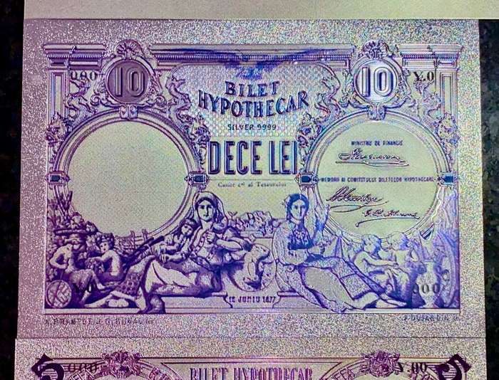 ROMANIA - SET 50 LEI, 10 LEI & 5 LEI  1877 - SILVER - COLORIZED GOLD FOIL999 BIG CARDS