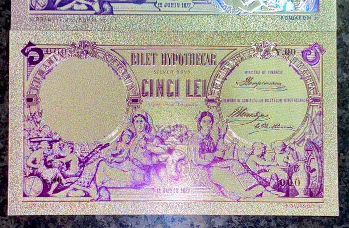 ROMANIA - SET 50 LEI, 10 LEI & 5 LEI  1877 - SILVER - COLORIZED GOLD FOIL999 BIG CARDS