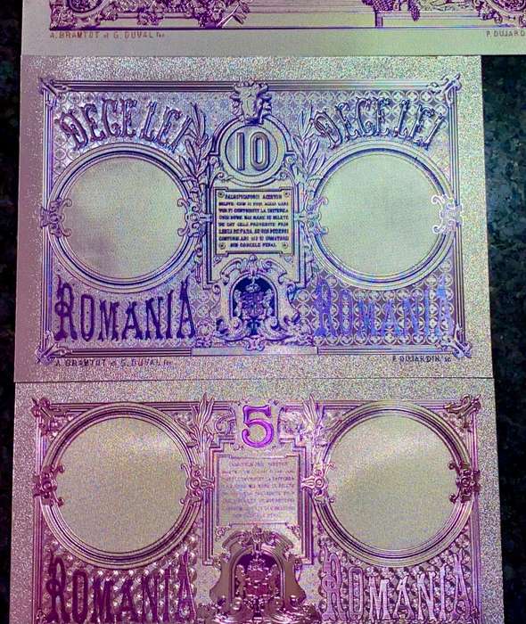 ROMANIA - SET 50 LEI, 10 LEI & 5 LEI  1877 - SILVER - COLORIZED GOLD FOIL999 BIG CARDS