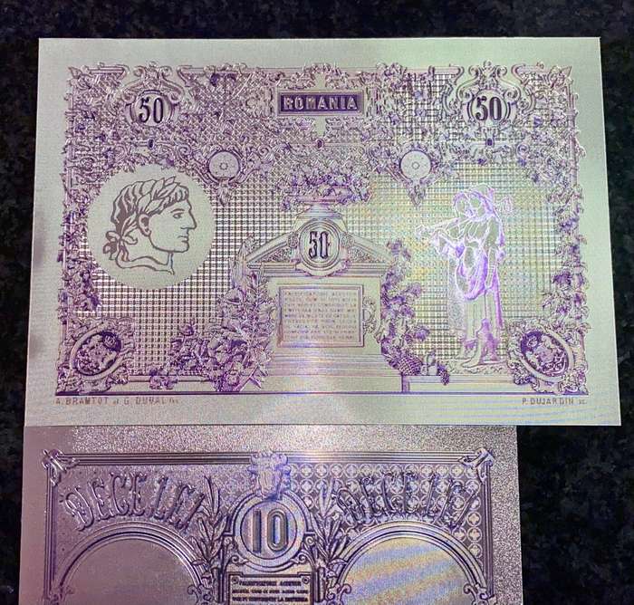 ROMANIA - SET 50 LEI, 10 LEI & 5 LEI  1877 - SILVER - COLORIZED GOLD FOIL999 BIG CARDS