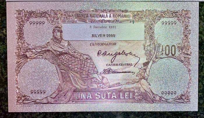 ROMANIA - 1000 LEI 1933 & 100 LEI 1931 - SILVER - COLORIZED GOLD FOIL999 - LOVELY ART - HUGE CARD